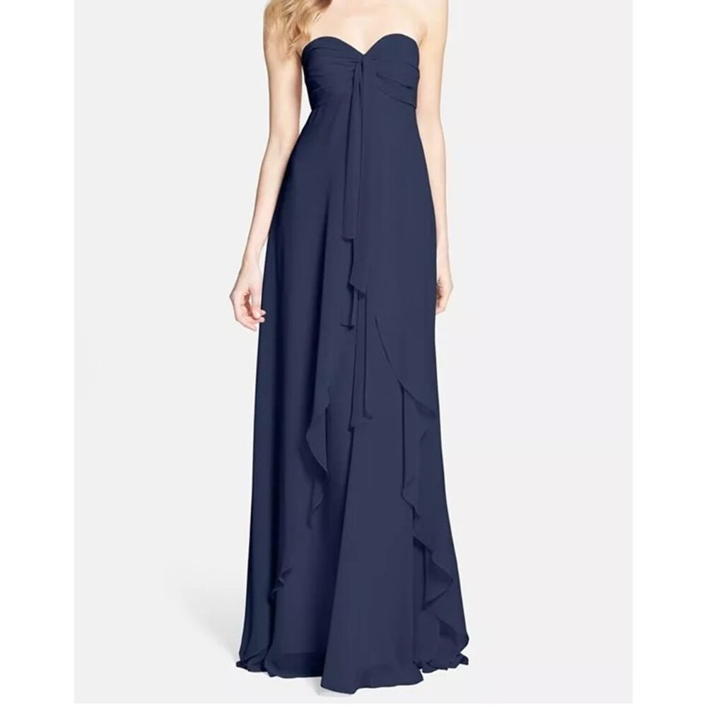 $350 JENNY YOO Suri Convertible Strapless Chiffon Dress GOWN NAVY SIZE 4